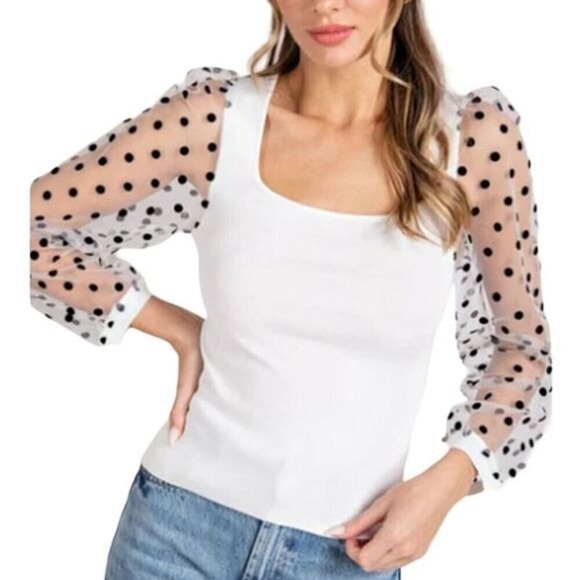 Polka Dot‎ Sheer Sleeve White Sweater | Ee:some | Large | NWT #0050 - Picture 1 of 13